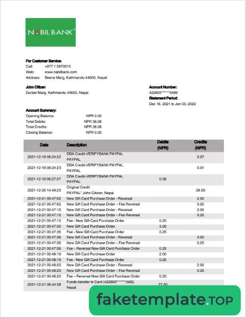 Feature of fake Nepal Nabil Bank statement